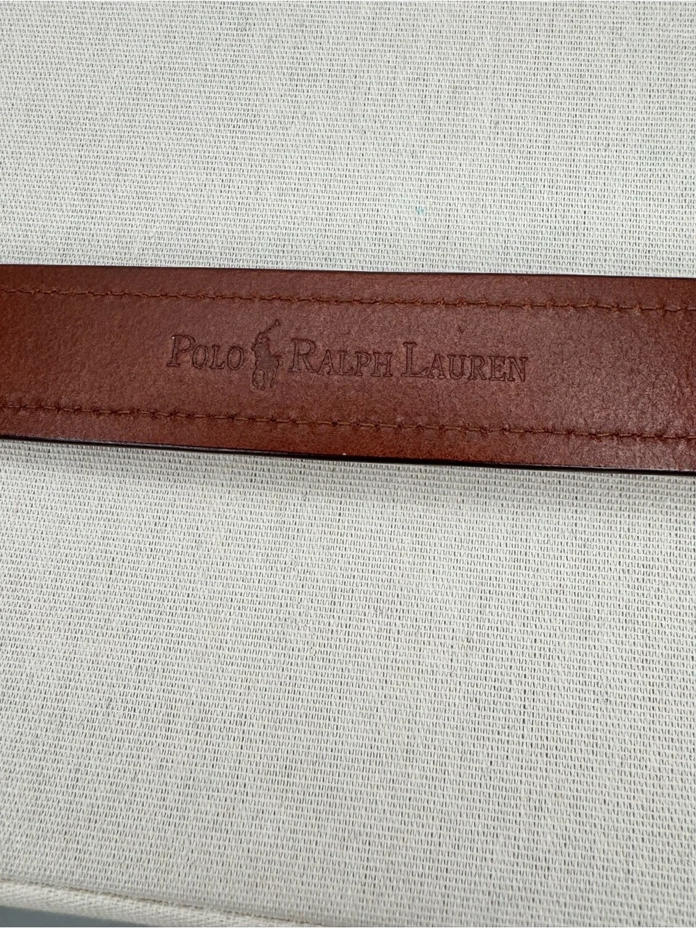Polo by Ralph Lauren Vintage Tan Leather Men's Belt with Brass Logo Nameplate